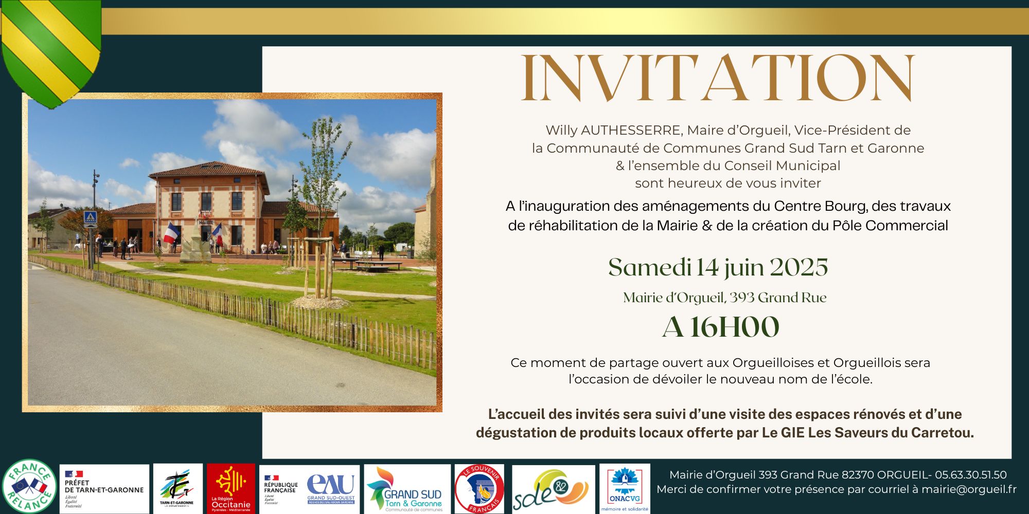 Invitation à l'inauguration du 14 juin 2025 discours sur le parvie de la mairie pour 16heures